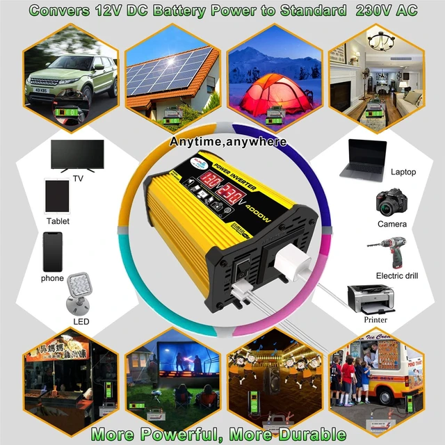 Alt view image 5 of 5 - YUHOME Modified Sine Wave Inverter High Frequency 4000W Peak Power Watt Power Inverter DC 12V to AC 110V Converter Car Power Charger Inverter with 2.1A Dual USB Port Battery Clips Display Screen
