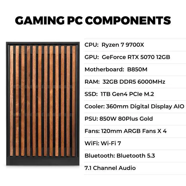 Alt view image 3 of 7 - KOTIN Gaming PC, GeForce RTX 5070 12GB GDDR7, AMD Ryzen 7 9700X, 32GB DDR5 6000MHz, 1TB PCIe 4.0 SSD, 360mm Liquid Cooler, 11.3 Inch Smart Display, WiFi 7, ARGB Tower for 4K Gaming, G60B
