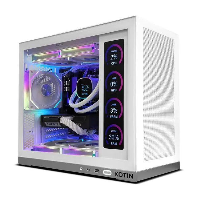 Main image of KOTIN Gaming PC Desktop Computer, Ryzen 7 7800X3D, RTX 5060 Ti 8GB, 32GB DDR5 6000MHz, 1TB PCIe 4.0 SSD, 11.3" Display, 240mm Liquid Cooler, WiFi 7, Windows 11 Home, ARGB White Tower G50W