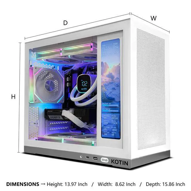 Alt view image 5 of 7 - KOTIN Gaming PC Desktop Computer, Ryzen 7 7800X3D, RTX 5060 Ti 8GB, 32GB DDR5 6000MHz, 1TB PCIe 4.0 SSD, 11.3" Display, 240mm Liquid Cooler, WiFi 7, Windows 11 Home, ARGB White Tower G50W