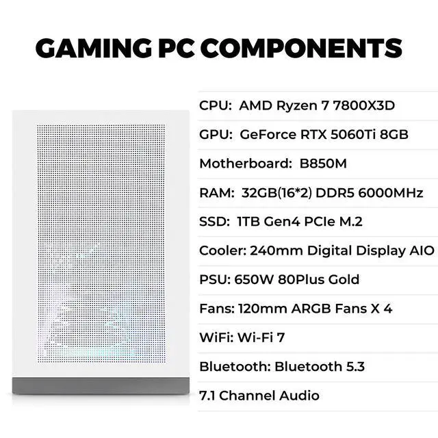 Alt view image 3 of 7 - KOTIN Gaming PC Desktop Computer, Ryzen 7 7800X3D, RTX 5060 Ti 8GB, 32GB DDR5 6000MHz, 1TB PCIe 4.0 SSD, 11.3" Display, 240mm Liquid Cooler, WiFi 7, Windows 11 Home, ARGB White Tower G50W