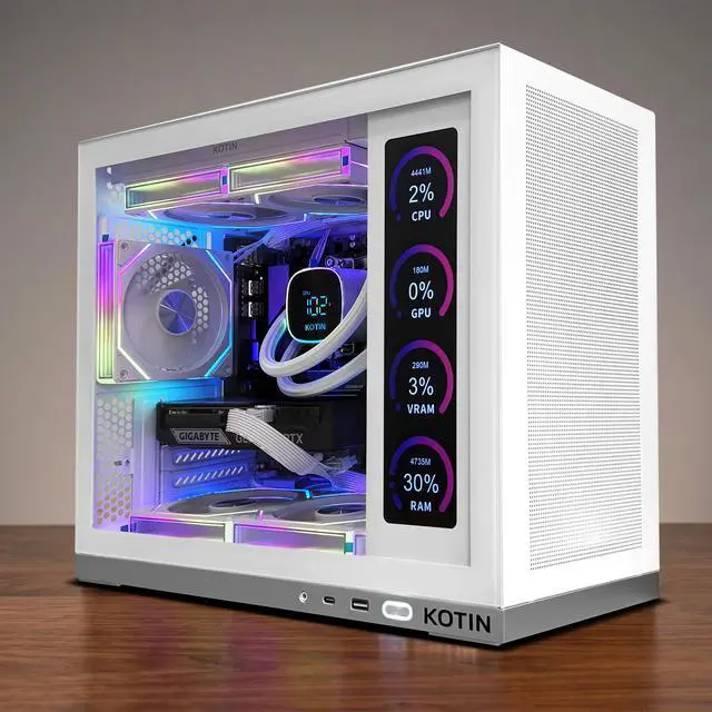 Alt view image 4 of 7 - KOTIN Gaming PC Desktop Computer, Ryzen 7 7800X3D, RTX 5060 Ti 8GB, 32GB DDR5 6000MHz, 1TB PCIe 4.0 SSD, 11.3" Display, 240mm Liquid Cooler, WiFi 7, Windows 11 Home, ARGB White Tower G50W
