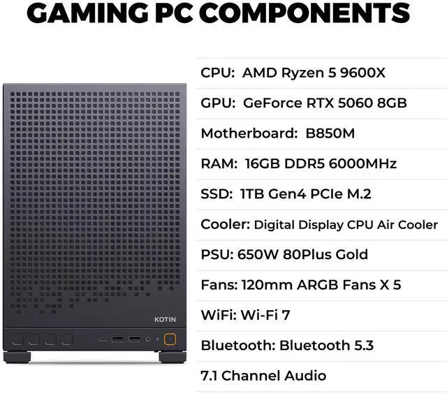 Alt view image 3 of 7 - KOTIN Gaming PC Desktop, AMD Ryzen 5 9600X up to 5.4GHz, GeForce RTX 5060 8GB GDDR7, 16GB DDR5-6000, 1TB PCIe 4.0 NVMe SSD, 650W 80+ Gold PSU, WiFi 7, Win 11 Home, 1080p/1440p Gaming Tower