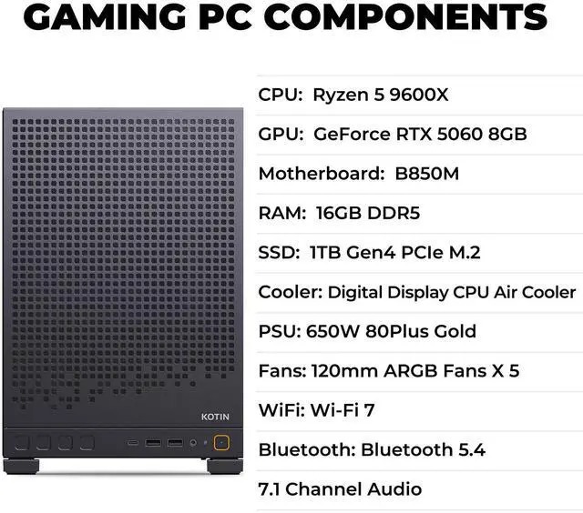 Alt view image 3 of 7 - KOTIN Gaming PC Desktop, AMD Ryzen 5 9600X up to 5.4GHz, GeForce RTX 5060 8GB GDDR7, 16GB DDR5, 1TB PCIe 4.0 NVMe SSD, 650W 80+ Gold PSU, WiFi 7, Win 11 Home, 1080p/1440p Gaming Tower