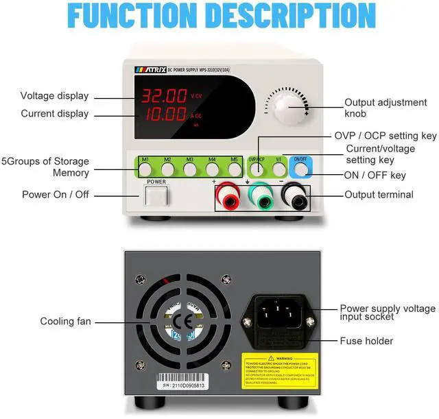 Alt view image 5 of 7 - MATRIX DC Power Supply Variable 32V 10A, MPS-3210 Adjustable Bench DC Power Supply 4-Digits Voltage and Current Display, Small Volume Switching Regulated Power Supply with 5 Sets Storage and Encoder
