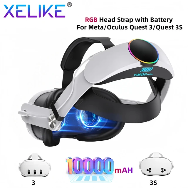 Main image of XELIKE RGB Head Strap with Battery for Meta/Oculus Quest 3/Quest 3S, 10000mAh Battery Pack for Extended 8H of Playtime, Fast Charging VR Power, Adjustable Elite Strap Replacement VR Accessories