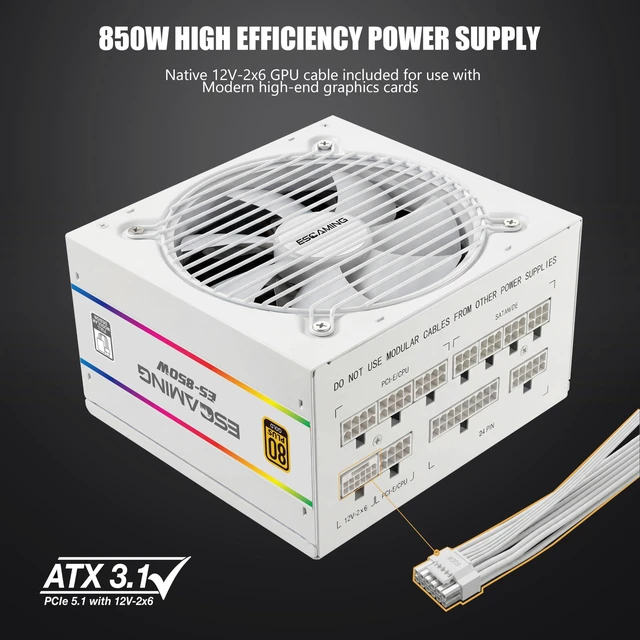 Alt view image 2 of 7 - ESGAMING 80+ Gold Fully Modular Compact Gaming 850W Power Supply, ATX 3.1 & PCIe 5.1 Ready, Native 12V-2x6 Cable-White