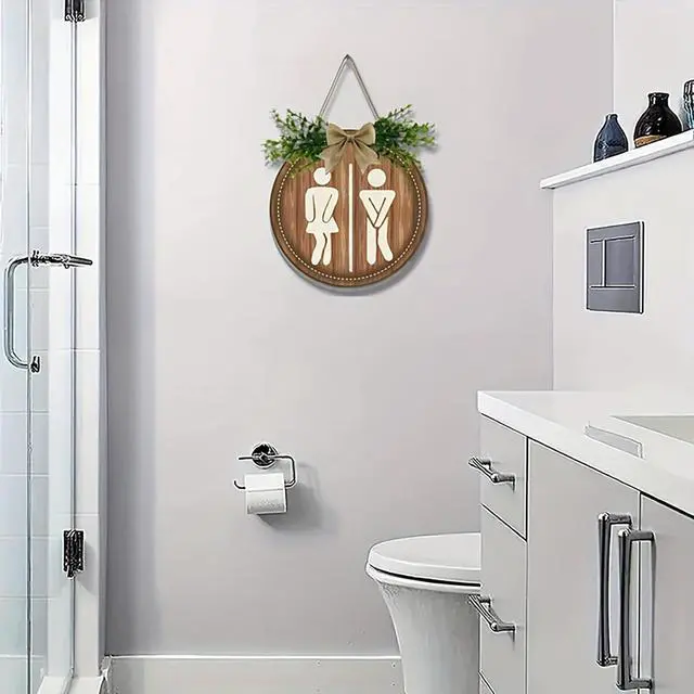 Alt view image 2 of 7 - Worparsen Restroom Signs for Business Funny Bathroom Sign Boy Girl in Use Sign for Bathroom Door for Rustic Farmhouse Decor Women Gender Home, 9 Inch Wooden Color