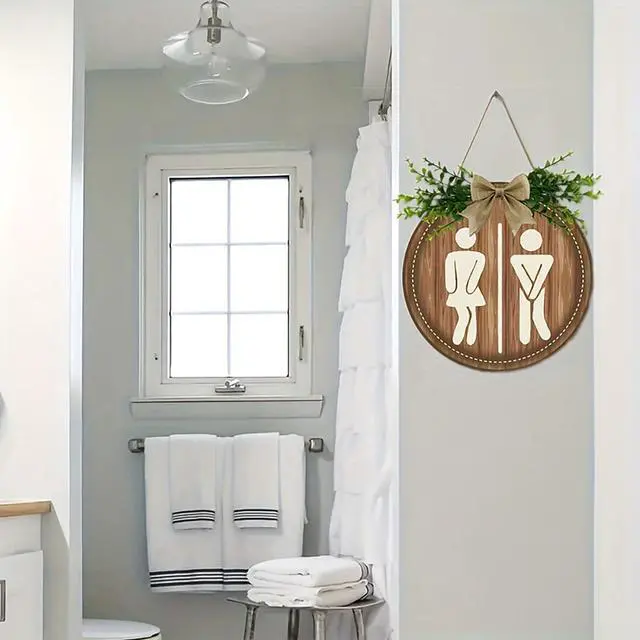 Alt view image 3 of 7 - Worparsen Restroom Signs for Business Funny Bathroom Sign Boy Girl in Use Sign for Bathroom Door for Rustic Farmhouse Decor Women Gender Home, 9 Inch Wooden Color