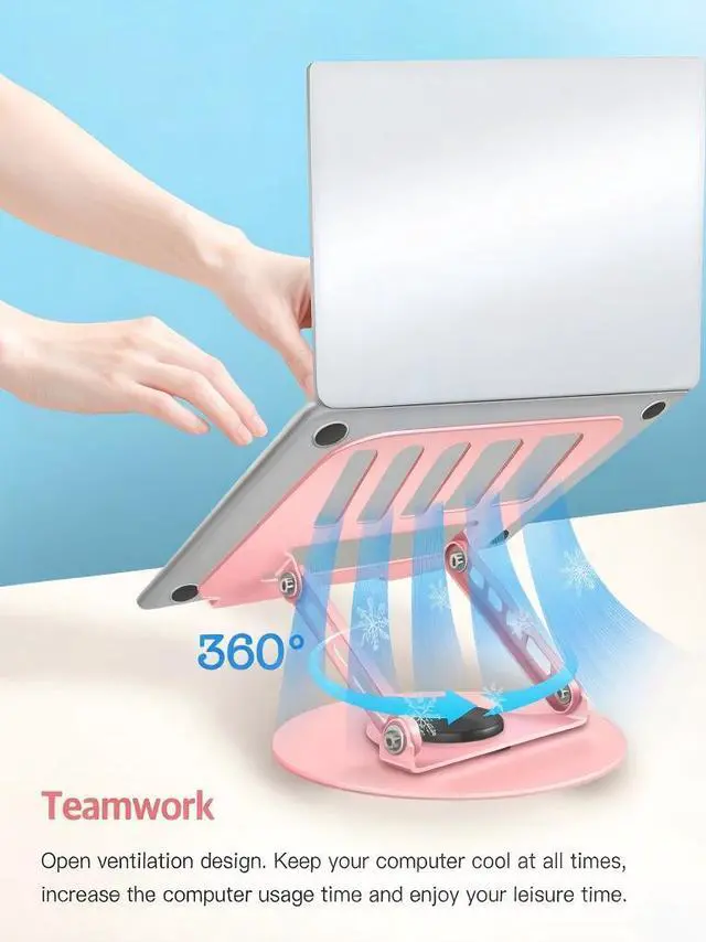 Alt view image 6 of 7 - Adjustable Laptop Stand, Computer Stand with 360 Rotating Base, Ergonomic Laptop Riser Mount for Desk Foldable Protable Computer Desk Fits with laptops tablets (10-17.3") - Pink