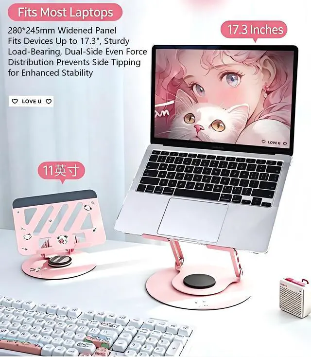 Alt view image 4 of 7 - Laptop Stand, Adjustable 360° Rotating Computer Stand for Desk, Ergonomic Laptop Riser, Foldable Portable Holder for 10-17.3" Laptops & Tablets - Pink