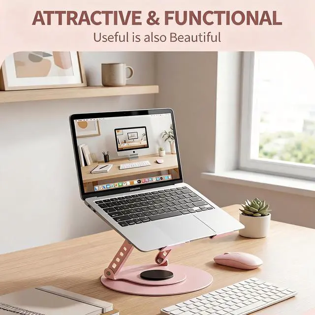 Alt view image 6 of 7 - Laptop Stand, Adjustable 360° Rotating Computer Stand for Desk, Ergonomic Laptop Riser, Foldable Portable Holder for 10-17.3" Laptops & Tablets - Pink