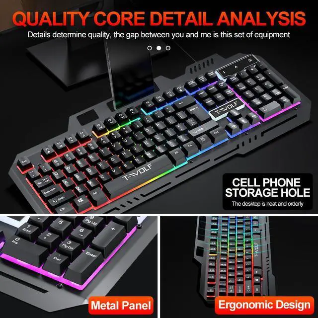Alt view image 4 of 6 - Gaming Keyboard and Mouse Combo with Phone Stand, Mechanical Feel, RGB LED Backlit, Spill-Resistant Design, 104 Keys Full Size Wired Keyboard for Windows, PC, Laptop, Gaming