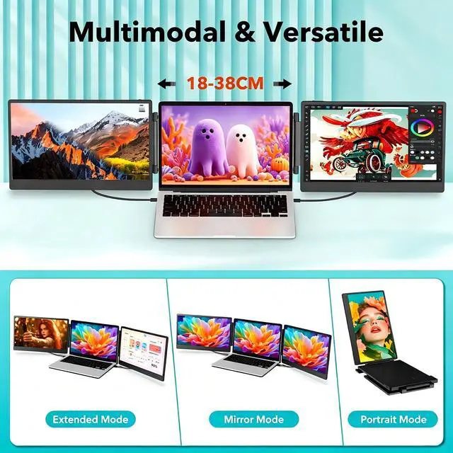 Alt view image 4 of 7 - Portable Monitor for Laptop, 14" Triple Laptop Screen Extender, FHD 1080p Portable Monitor Screen Expansion, Plug & Play No Driver Required, Compatible with Windows Mac Android