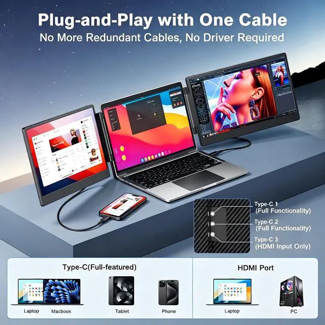 Alt view image 6 of 7 - Portable Monitor for Laptop, 14" Triple Laptop Screen Extender, FHD 1080p Portable Monitor Screen Expansion, Plug & Play No Driver Required, Compatible with Windows Mac Android