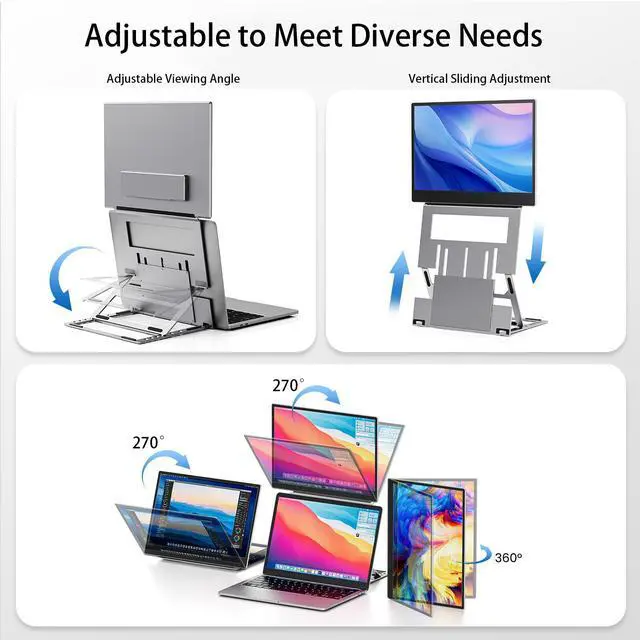 Alt view image 3 of 7 - 15.6 Inch Dual Portable Monitor, FHD 1080P IPS Foldable Laptop Screen Extender, Premium Aluminum Alloy, Dual Upper Extended Display with USB-C & HDMI Ports, Compatible with Windows, Mac & Android