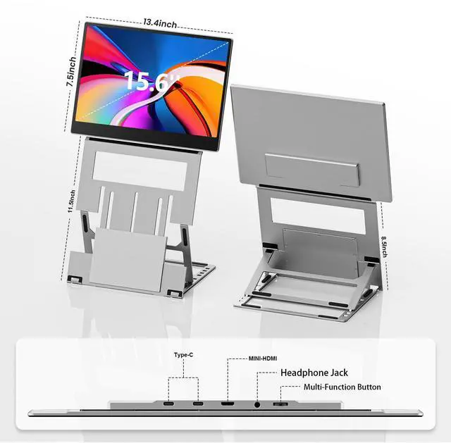 Alt view image 4 of 7 - 15.6 Inch Dual Portable Monitor, FHD 1080P IPS Foldable Laptop Screen Extender, Premium Aluminum Alloy, Dual Upper Extended Display with USB-C & HDMI Ports, Compatible with Windows, Mac & Android