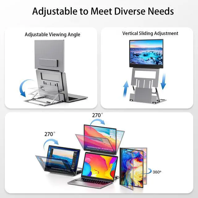 Alt view image 3 of 7 - 15.6" Dual Portable Laptop Screen Extender, 1080P FHD IPS Displays, Premium Aluminum Alloy Foldable Design with Adjustable Height Stand, USB-C HDMI Multi-Device Compatible (Windows, Mac, Android)