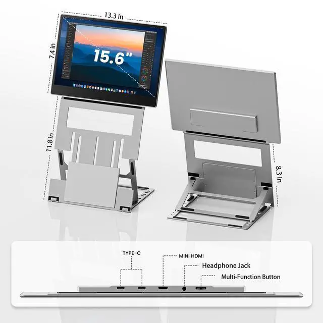 Alt view image 4 of 7 - 15.6" Dual Portable Laptop Screen Extender, 1080P FHD IPS Displays, Premium Aluminum Alloy Foldable Design with Adjustable Height Stand, USB-C HDMI Multi-Device Compatible (Windows, Mac, Android)