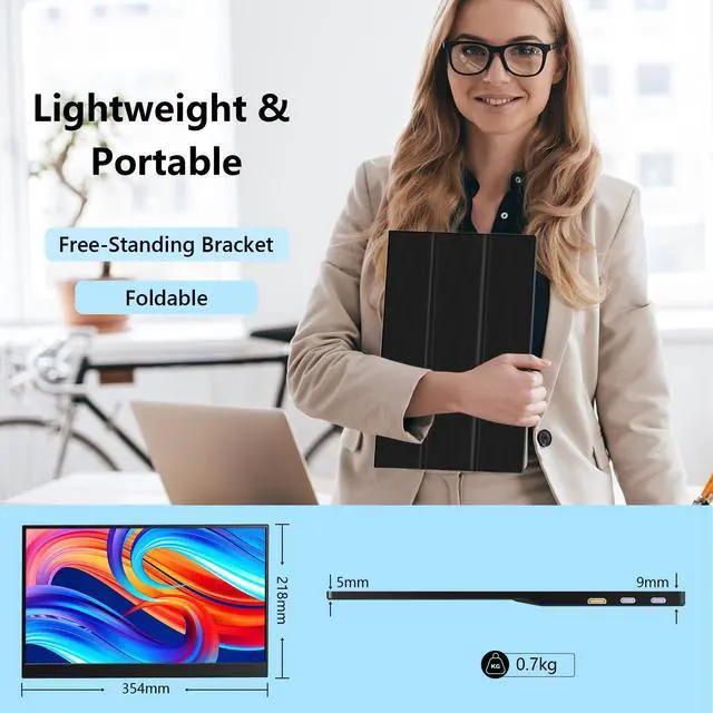 Alt view image 4 of 7 - 15.6" Travel Monitor for Laptop, 1080P FHD IPS Portable Monitor, 100% sRGB Eye Care Display, USB-C HDMI Plug & Play, Built-in Kickstand & Dual Speakers