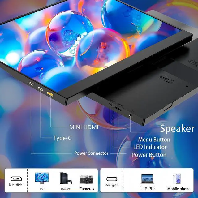 Alt view image 6 of 7 - 15.6" Travel Monitor for Laptop, 1080P FHD IPS Portable Monitor, 100% sRGB Eye Care Display, USB-C HDMI Plug & Play, Built-in Kickstand & Dual Speakers