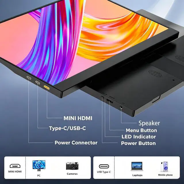 Alt view image 6 of 7 - 15.6" Portable Monitor, 1080P FHD IPS Second Screen, 100% sRGB Eye Care Display, USB-C HDMI Plug & Play External Monitor for Laptop, Mac, Switch, Xbox