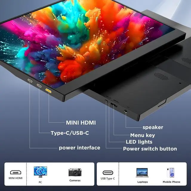 Alt view image 5 of 7 - 15.6" Portable Monitor for Laptop, 1080P FHD IPS 100% sRGB Second Screen, USB-C HDMI Plug & Play, Built-in Kickstand & Speakers, Compatible with Mac, Switch & Xbox