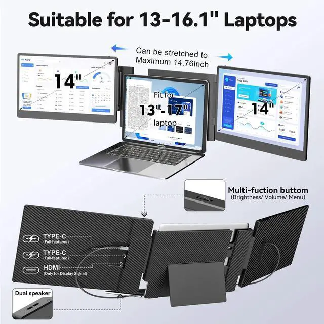 Alt view image 3 of 7 - Laptop Screen Extender, 14" FHD 1080P IPS Laptop Monitor for Laptop , Built-in Stand, Portable Dual Second Monitor Fit HDMI/USB-A/Type-C Plug & Play for Wins/Mac/Switch