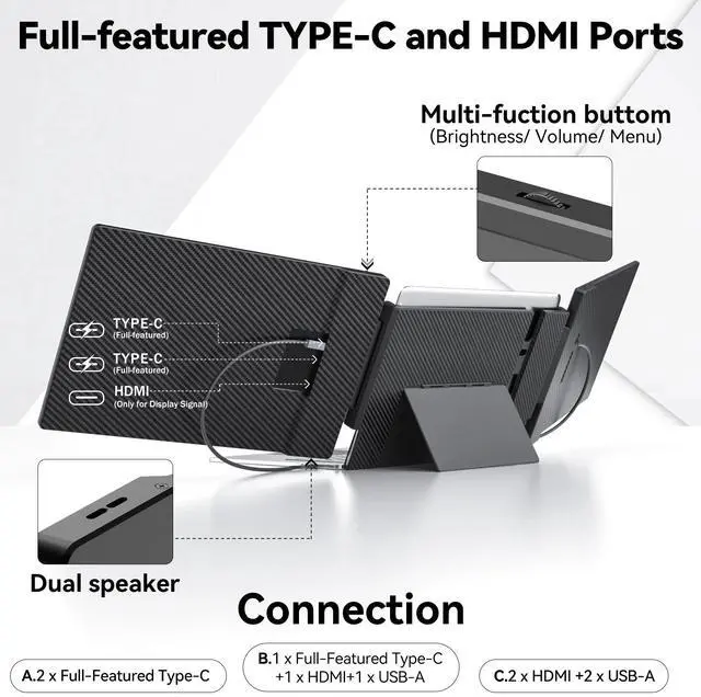 Alt view image 6 of 7 - Laptop Screen Extender, 14" FHD 1080P IPS Laptop Monitor for Laptop , Built-in Stand, Portable Dual Second Monitor Fit HDMI/USB-A/Type-C Plug & Play for Wins/Mac/Switch