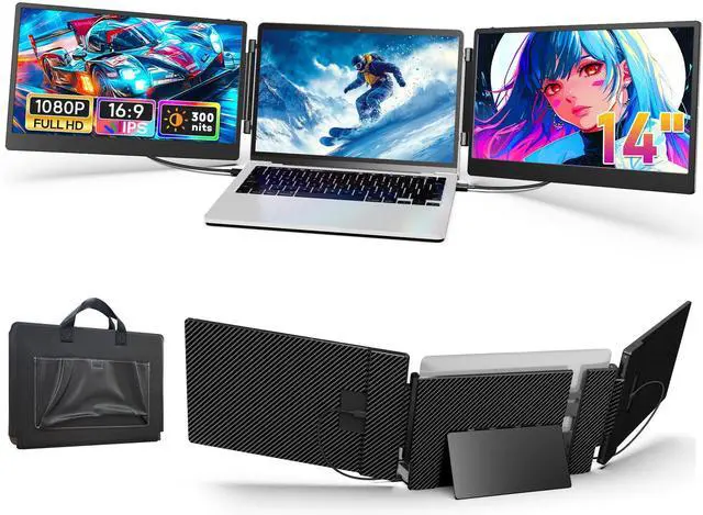 Main image of Laptop Screen Extender, 14" FHD 1080P Triple Portable Monitor for 13"-16.1" Laptops, Ultra-Slim IPS Display with Built-in Stand & Dual Speakers, HDMI/Type-C/USB-A Plug and Play, Travel/Home/Office