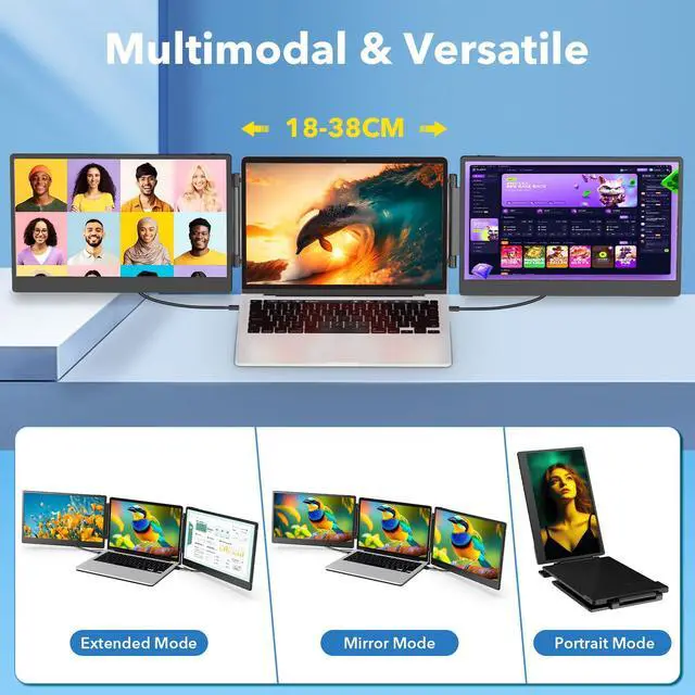 Alt view image 5 of 7 - Laptop Screen Extender, 14" FHD 1080P Triple Portable Monitor for 13"-16.1" Laptops, Ultra-Slim IPS Display with Built-in Stand & Dual Speakers, HDMI/Type-C/USB-A Plug and Play, Travel/Home/Office