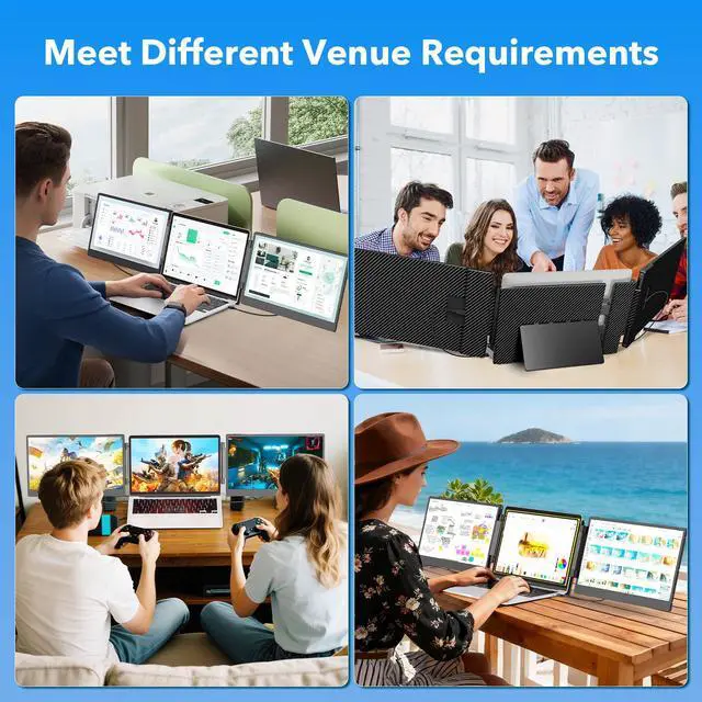 Alt view image 7 of 7 - Laptop Screen Extender, 14" FHD 1080P Triple Portable Monitor for 13"-16.1" Laptops, Ultra-Slim IPS Display with Built-in Stand & Dual Speakers, HDMI/Type-C/USB-A Plug and Play, Travel/Home/Office