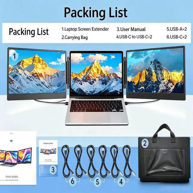 Alt view image 7 of 7 - 14" Triple Laptop Screen Extender, 1080P FHD Portable Laptop Monitor, Plug & Play Dual Monitor Extender for MacBook, Windows Laptops & ChromeOS( Built-in Speakers )