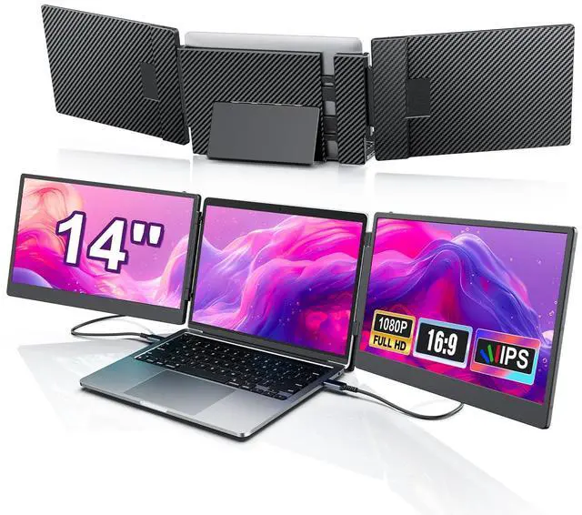 Main image of 14" Triple Laptop Screen Extender, 1080P Full HD Portable Monitor for Laptop, Plug & Play Triple Monitor Extender for Mac, Windows & Android( Built-in Speakers )