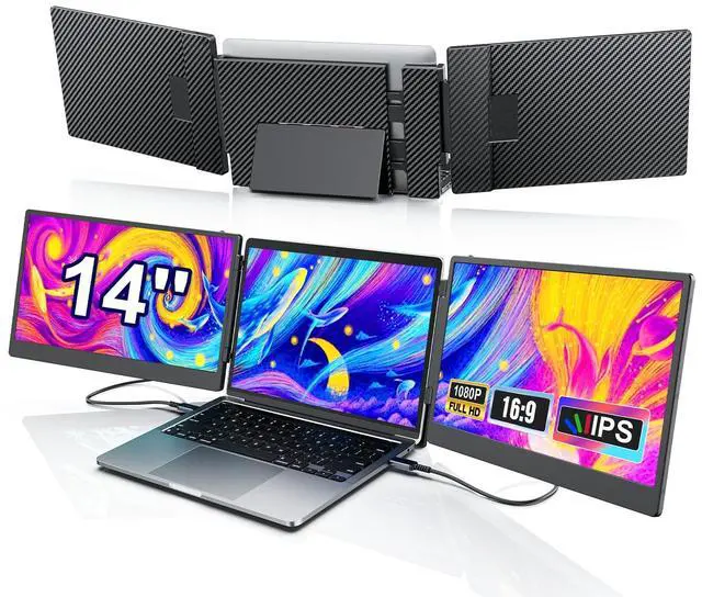 Main image of 14" 1080P FHD IPS Triple Laptop Screen Extender, Portable Monitor with Wide Metal Kickstand, Plug & Play via HDMI/USB-A/USB-C, for Windows & Mac( Built-in Speakers )
