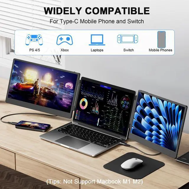 Alt view image 7 of 7 - Laptop Screen Extender, 14" FHD 1080P Triple Portable Monitor for 13"-16.1" Laptops, IPS Laptop Monitor Extender with Built-in Stand & Dual Speakers, USB-C/HDMI/USB-A Plug & Play for Windows, Mac & An
