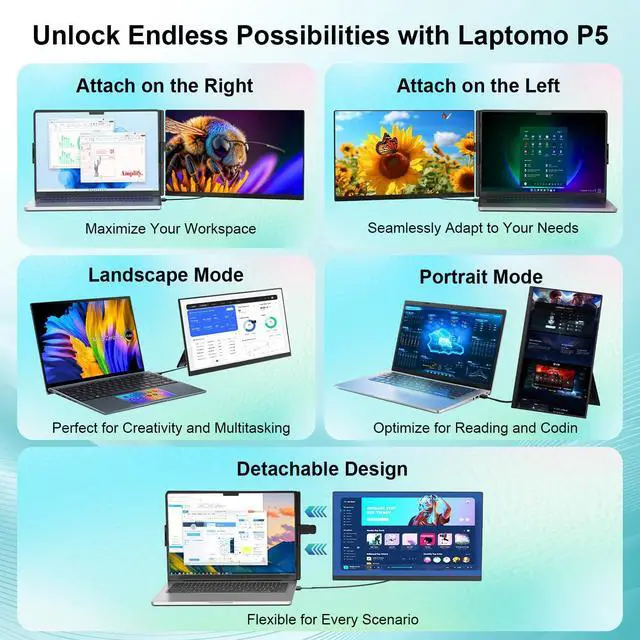 Alt view image 5 of 7 - 15.6" Laptop Screen Extender, 120% sRGB FHD 1080P IPS Dual Monitor, Detachable Portable Monitor for Laptops, USB-C/HDMI Plug & Play for Windows/Mac/Android/Switch/PS5