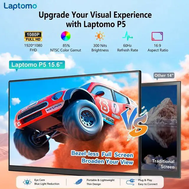 Alt view image 2 of 7 - 15.6" Portable Laptop Extended Monitor, FHD 1080P IPS Dual Screen Display, Detachable Plug & Play External Monitor with USB-C HDMI, Compatibility for Windows Mac Android Switch PS5, No Driver Needed