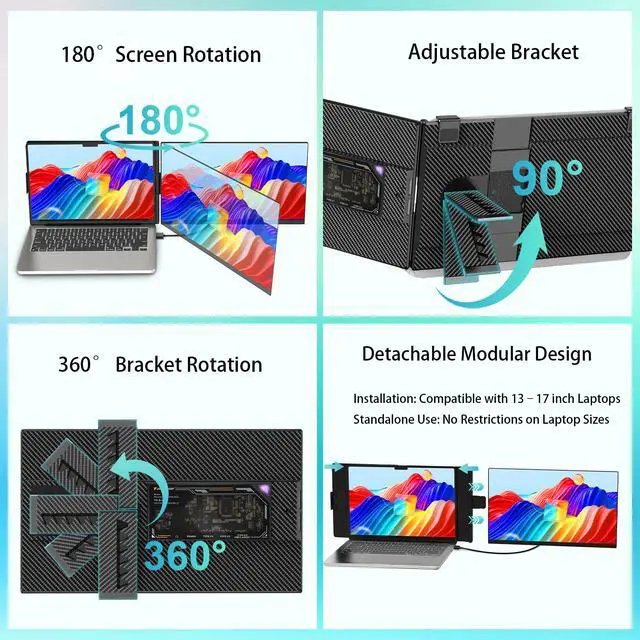 Alt view image 3 of 7 - 15.6" Portable Laptop Extended Monitor, FHD 1080P IPS Dual Screen Display, Detachable Plug & Play External Monitor with USB-C HDMI, Compatibility for Windows Mac Android Switch PS5, No Driver Needed