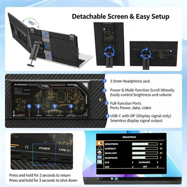 Alt view image 5 of 7 - Laptop Screen Extender 15.6"", Detachable 120% sRGB 1080P FHD Laptop Monitor Extender, Dual Screen for 13-17"" Laptop, Plug and Play Portable Monitor with Windows/Mac/Android/Chrome/PS5
