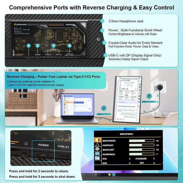 Alt view image 7 of 7 - Detachable 15.6" IPS Portable Monitor, FHD 1080P Laptop Screen Extender for 1317" Laptops, Dual-Screen Portable Display, USB-C & HDMI, Plug and Play, Compatible with Windows, Mac, Android & Switch