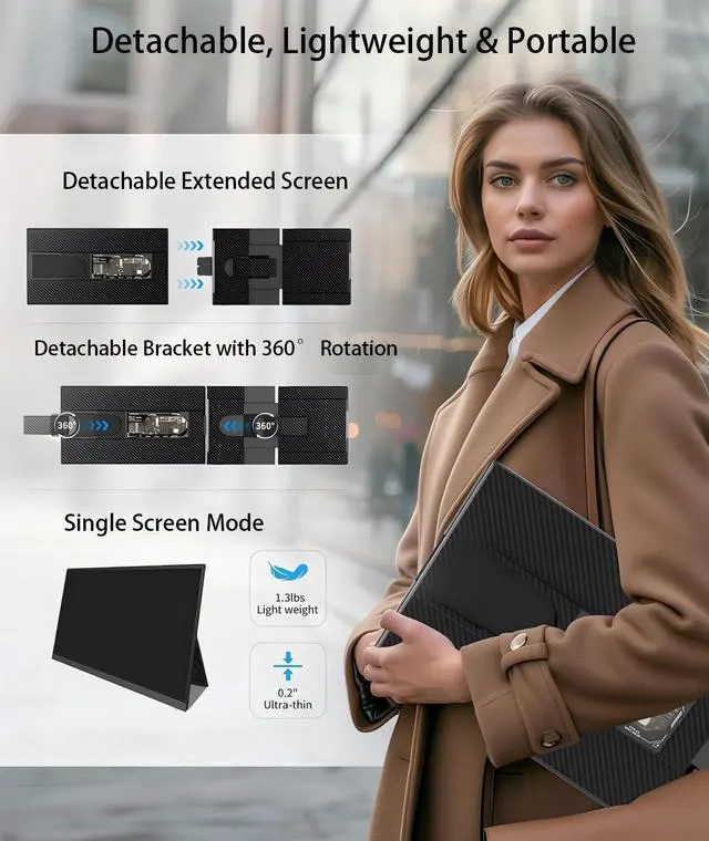 Alt view image 7 of 7 - 15.6" Portable Laptop Extended Monitor, FHD 1080P IPS Dual Screen Display, Detachable Plug & Play External Monitor with USB-C HDMI, Compatibility for Windows Mac Android Switch PS5, No Driver Needed