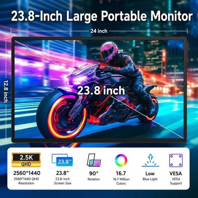 Alt view image 2 of 7 - 23.8" Portable Monitor, 2.5K QHD 180Hz Portable Monitor with Built-in Kickstand, Laptop Extended Monitor with Speakers, Large IPS Gaming Display Compatible with Laptop/PC/Mac/Xbox, VESA Mountable