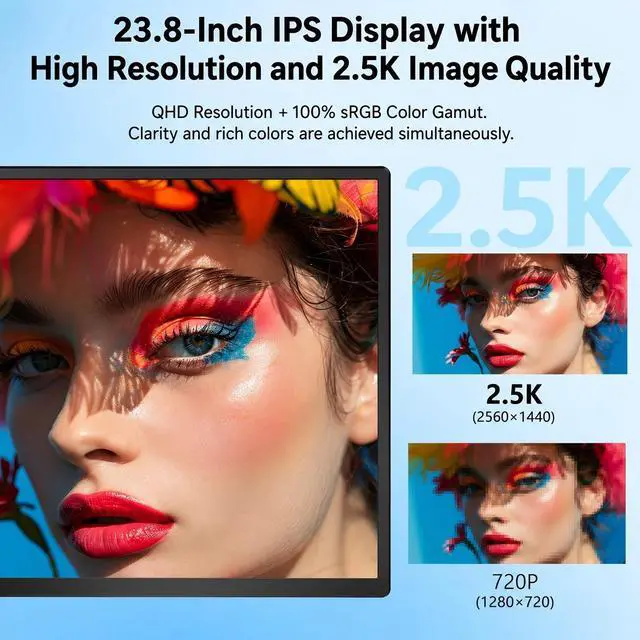 Alt view image 3 of 7 - 23.8" Portable Monitor, 2.5K QHD 180Hz Portable Monitor with Built-in Kickstand, Laptop Extended Monitor with Speakers, Large IPS Gaming Display Compatible with Laptop/PC/Mac/Xbox, VESA Mountable