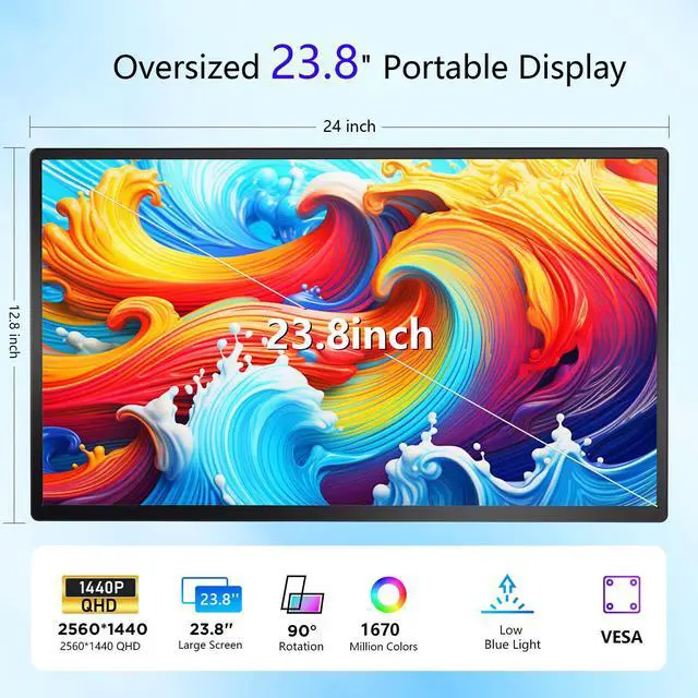 Alt view image 2 of 7 - 23.8" 2.5K QHD 180Hz Portable Gaming Monitor, IPS Display with Kickstand, Built-in Speakers, USB-C & HDMI, VESA Compatible for Laptop, PC, Mac, Xbox