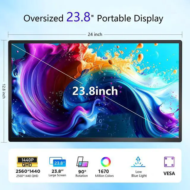 Alt view image 2 of 7 - 23.8" Portable Monitor, 2.5K QHD 2560×1440 IPS Display, 180Hz Gaming Monitor with Built-in Stand & Speakers, USB-C, HDMI, VESA Mount, External Monitor for Laptop, MacBook, PC, PS5, Xbox, Switch