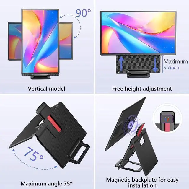 Alt view image 6 of 7 - 23.8" Portable Monitor, 2K QHD 1440P, 180Hz, Large Portable Display with Built-in Stand, IPS Panel, VESA Mount, OTG Support, USB-C & HDMI, External Monitor for Laptop, PC, PS5, Xbox, Switch, Mac