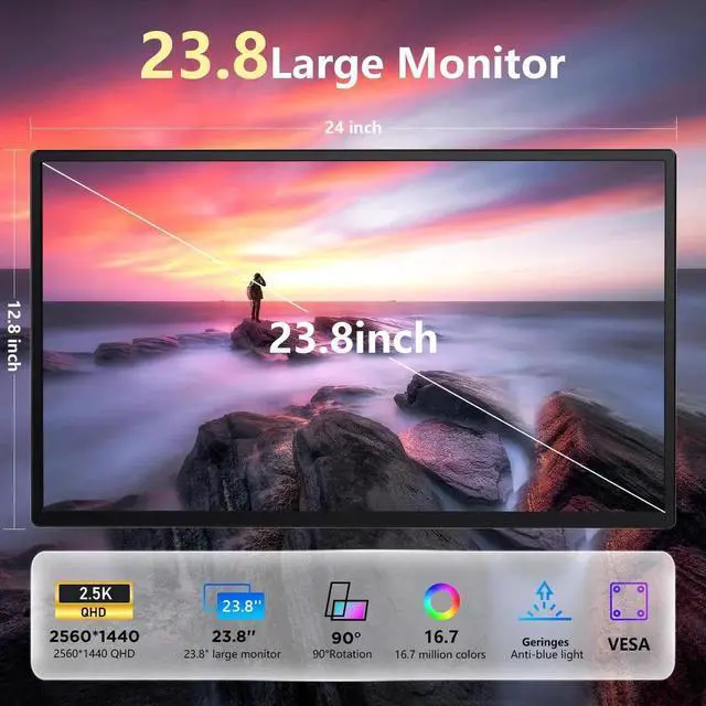 Alt view image 2 of 7 - 23.8" Portable Monitor, 2K QHD 1440P, 180Hz, Large Portable Display with Built-in Stand, IPS Panel, VESA Mount, OTG Support, USB-C & HDMI, External Monitor for Laptop, PC, PS5, Xbox, Switch, Mac