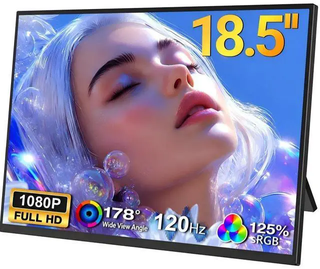 Main image of 18.5" FHD 1080P Portable Monitor, 120Hz FreeSync IPS Gaming Monitor, 125% sRGB, Dual Speakers, VESA Compatible with Stand, USB-C & Mini HDMI portable laptop monitor for Gaming & Travel