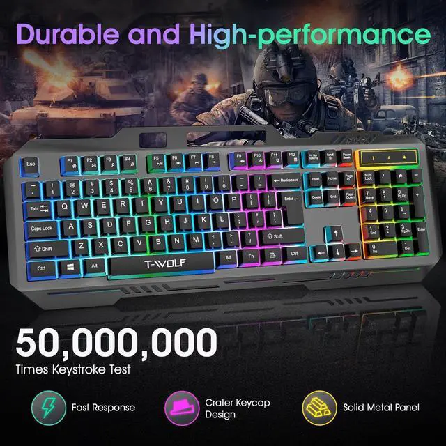 Alt view image 6 of 7 - RGB Gaming Keyboard, Wired 104-Key Full Size Keyboard with Mechanical Feel, Metal Panel, Phone Holder, IP57 Waterproof, Ultra Responsive & Quiet Typing, Computer Keyboard for PC/Mac Gamers
